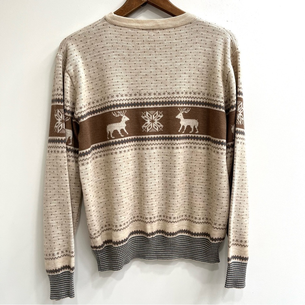 Vintage 70’s 80’s men’s crewneck Nordic fair isle sweater reindeer snowflakes L - Picture 2 of 9